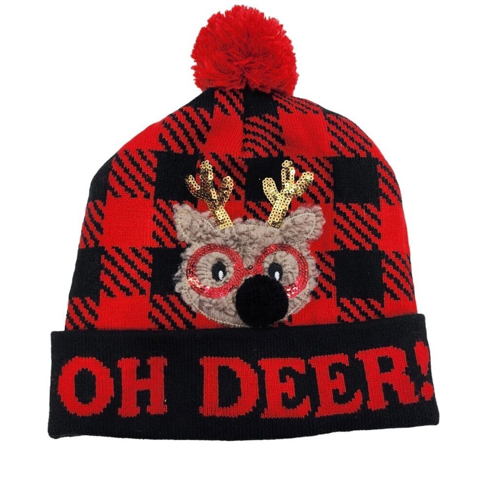 Holiday Time Ladies Oh Deer! Beanie Hat Women's Size One Size Black and Red